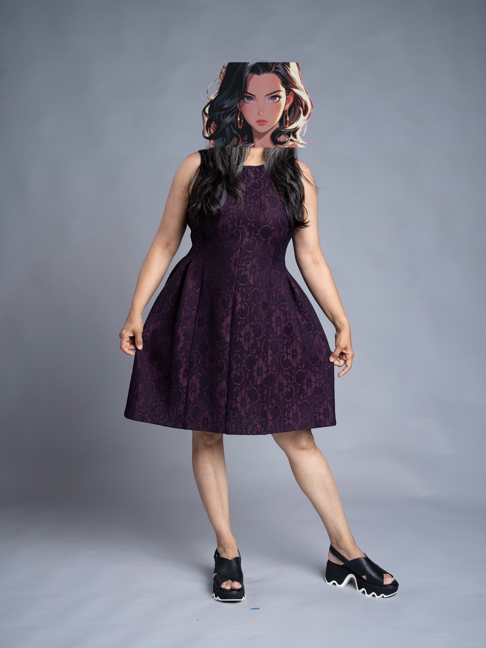 Calvin Klein Deep Plum Lace A-Line Midi Dress